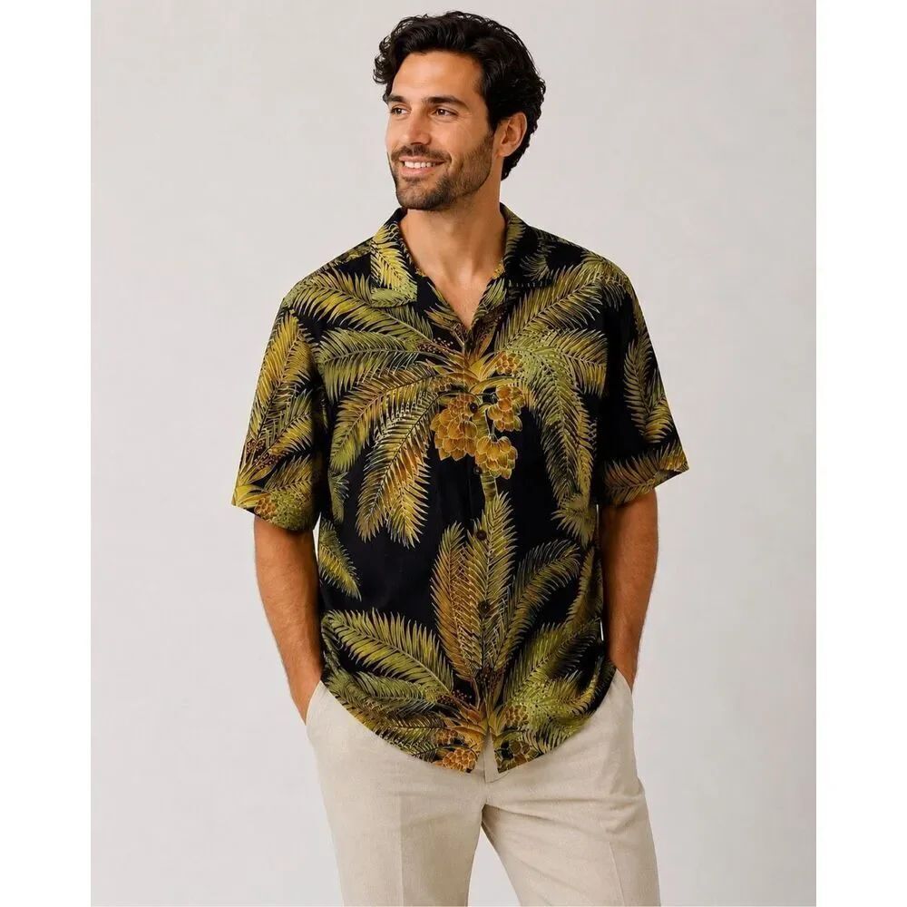 Tommy Bahama Silk Hawaiian Camp Shirt Palm Tree Black Men’s M